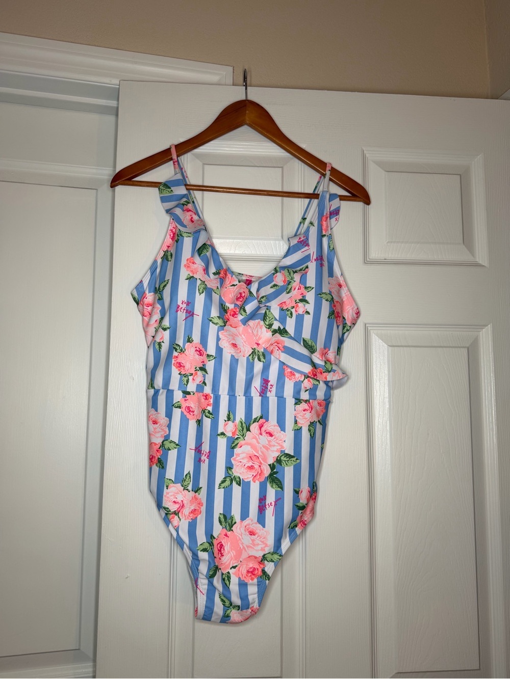 Betsey Johnson Blue White Stripped Pink Floral One Piece Swimsuit Women XL